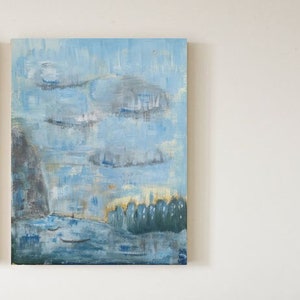 Toile peinture acrylique originale Blue View, paysage abstrait bord de mer. Couleur bleue pleine d'émotions. Expressionnisme abstrait. Cadeau de Noël