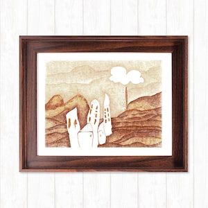 Weiße Häuser Illustration Poster, Landschaft Illustration Druck für die Wand, Geschenk zum Muttertag, Buntstift Zeichnung, Ungerahmt, Weihnachten