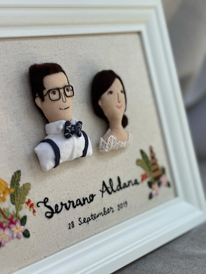 Custom Family Portrait Doll Hand Embroidered Miniature Fabric Art in Frame Personalized Home Decor image 10