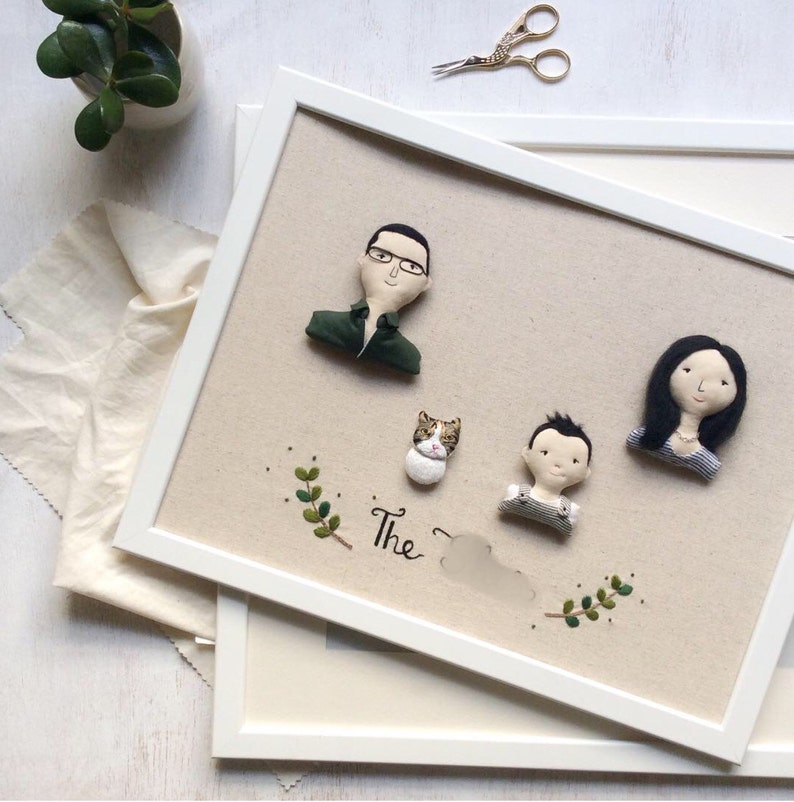 Custom Family Portrait Doll Hand Embroidered Miniature Fabric Art in Frame Personalized Home Decor image 3