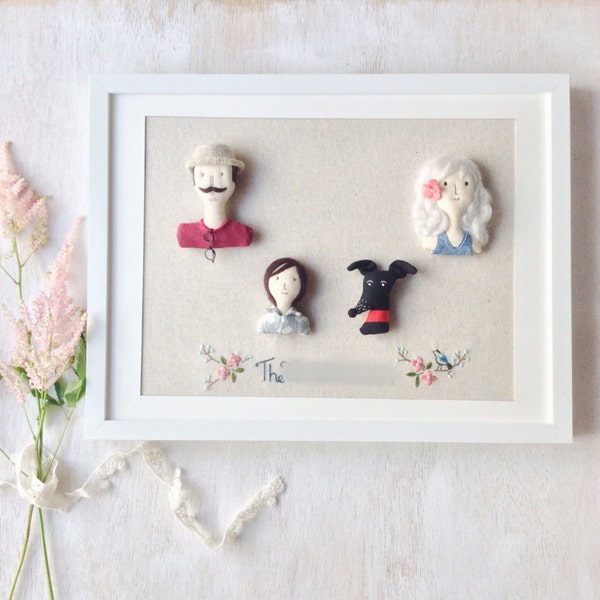 Custom Family Portrait Doll - Hand Embroidered Miniature Fabric Art in Frame - Personalized Home Decor