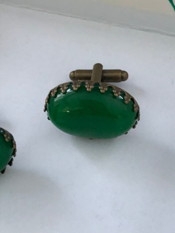 Bronze  cufflinks with Jade cabochons 18 x 25 mm … - image 2