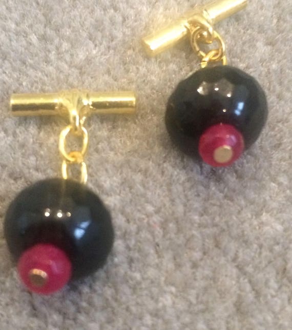 Gilt cufflinks with Faceted Ruby and black Agate … - image 1