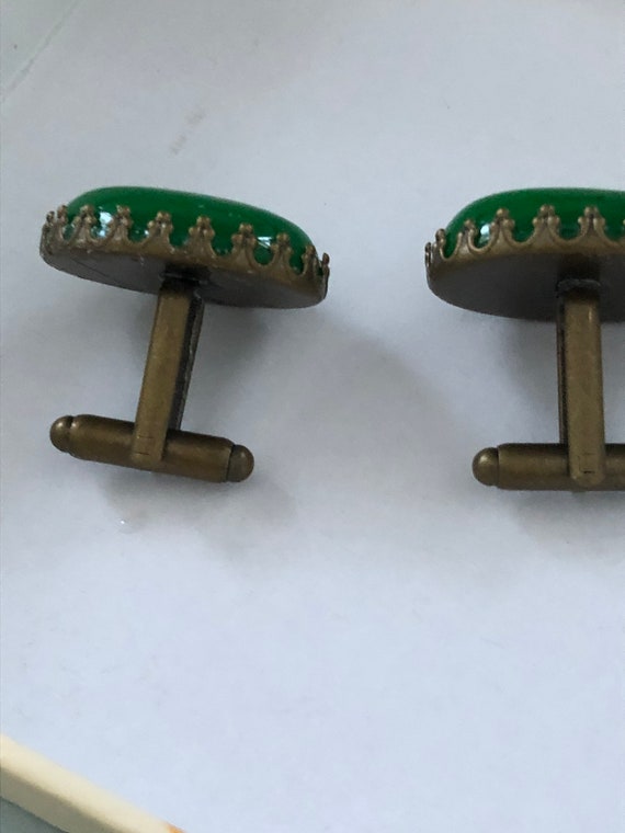 Bronze  cufflinks with Jade cabochons 18 x 25 mm … - image 3