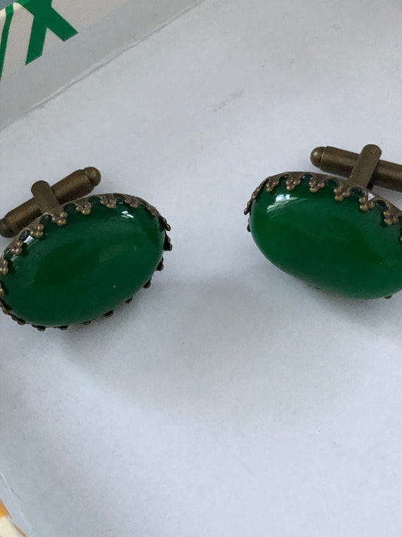 Bronze  cufflinks with Jade cabochons 18 x 25 mm … - image 1