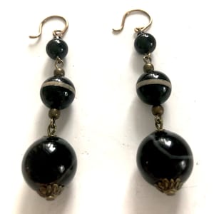 Vintage Estate Ear Pendants Banded Agate.