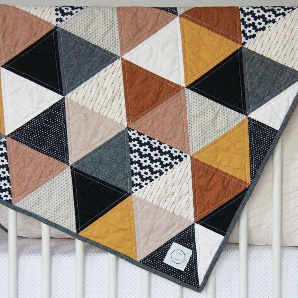 Triangle Quilt, Modern Quilt, Baby Boy Quilt, Toddler Boy Quilt, Modern Nursery Quilt, Black, White and Golden Yellow Quilt