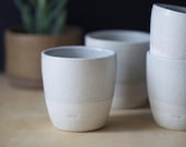 Ceramic Pottery cups (x4) or mugs for tea or coffee, handmade from white raku with light grey gloss glaze. Contemporary. Wedding gift.