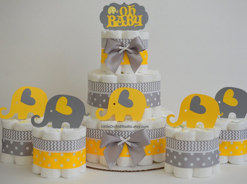 Elephant Diaper Cake Yellow Gray Elephant Baby Shower Its A Etsy Elephant Diaper Cake Yellow Gray Elephant Baby Shower Its A Etsy