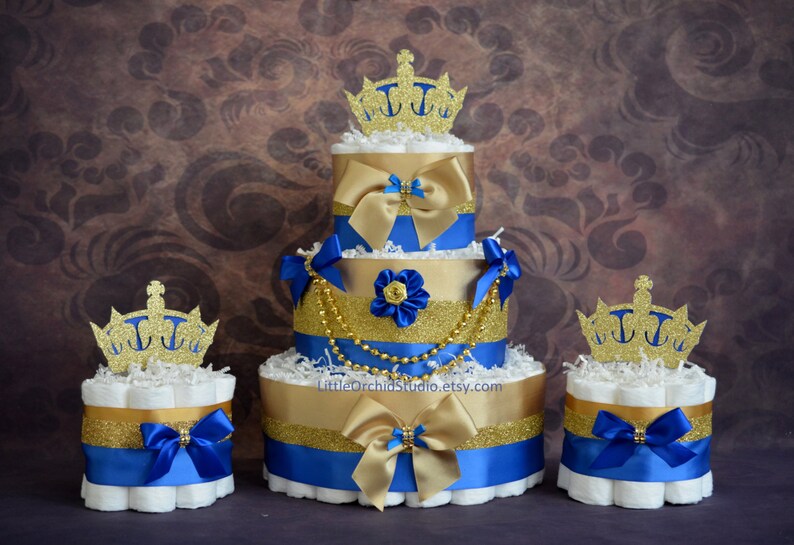 3 Tier Little Prince Diaper Cake Royal Blue And Gold Baby Shower