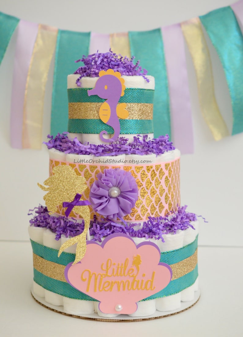 purple and pink baby shower gifts Girl Little Mermaid Baby Shower Mermaid Diaper Cake Mermaid baby shower unique diaper cakes Teal