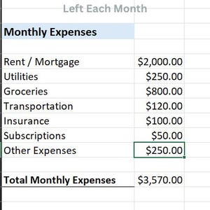 May include: A screenshot of a financial spreadsheet showing monthly expenses. The spreadsheet includes categories like rent, utilities, groceries, and transportation, with corresponding dollar amounts. The text "Net Pay" and "Remaining Balance" are also visible.