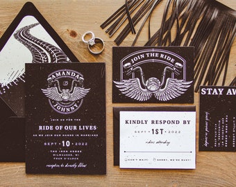Fully Printed - Ride of Our Lives Black Motorcycle Wedding Invitation Suite