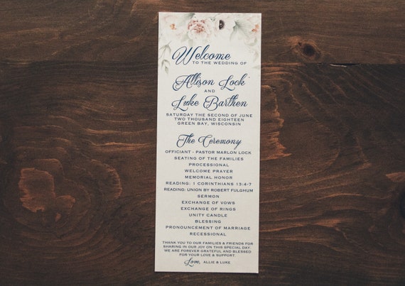 Blush Peony Wedding Program Double Sided Etsy