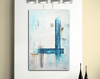 May include: Abstract painting with a blue, gray, and white color scheme. The painting features a large blue shape in the center, with smaller gray and white shapes surrounding it.