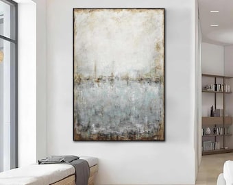 Large Vertical Abstract Blue Green Brown Painting, Contemporary Oil Wall Art on Canvas, For Office Space Or Living Room