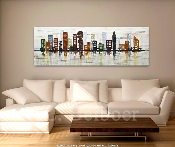 Large abstract city painting 20 x 60 original modern urban painting skyline art palette knife abstract oil painting