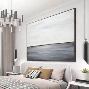Gray White Seascape Painting, Large Original Landscape Oil Painting, Minimalist Art On Canvas, Framed Artwork, Home Decoration Wall Art