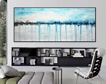 Large Panoramic Landscape Abstract Painting Original Modern Art Blue White Oil Painting xxl canvas home decor wall art