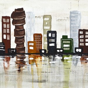 Pu&ograve; includere: Dipinto astratto di uno skyline urbano con edifici in tonalit&agrave; di marrone, grigio e verde riflessi in uno specchio d'acqua. Il dipinto ha uno stile minimalista ed &egrave; realizzato ad acrilico.