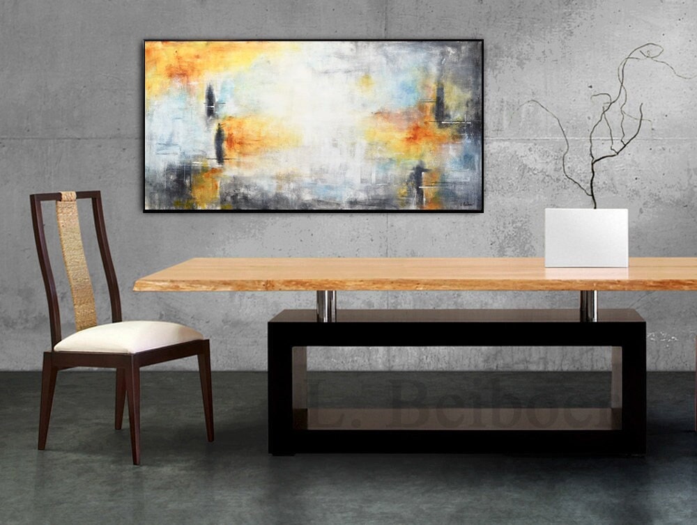 arge art 24 x 48 modern abstract painting gray yellow art on canvas minimalist raw acrylic painting wall art decor