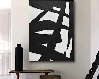 Vertical Monochromatic Vintage Style Abstract Painting On Canvas, Framed Back Wired Modern Statement Piece Art, Hand Painted In USA