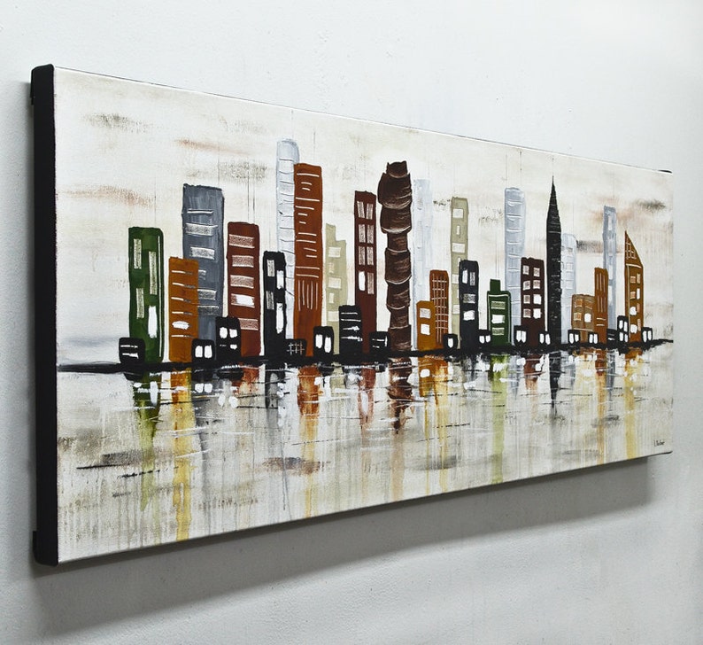 Large abstract city painting 20 x 60 original modern urban painting skyline art palette knife abstract oil painting immagine 2