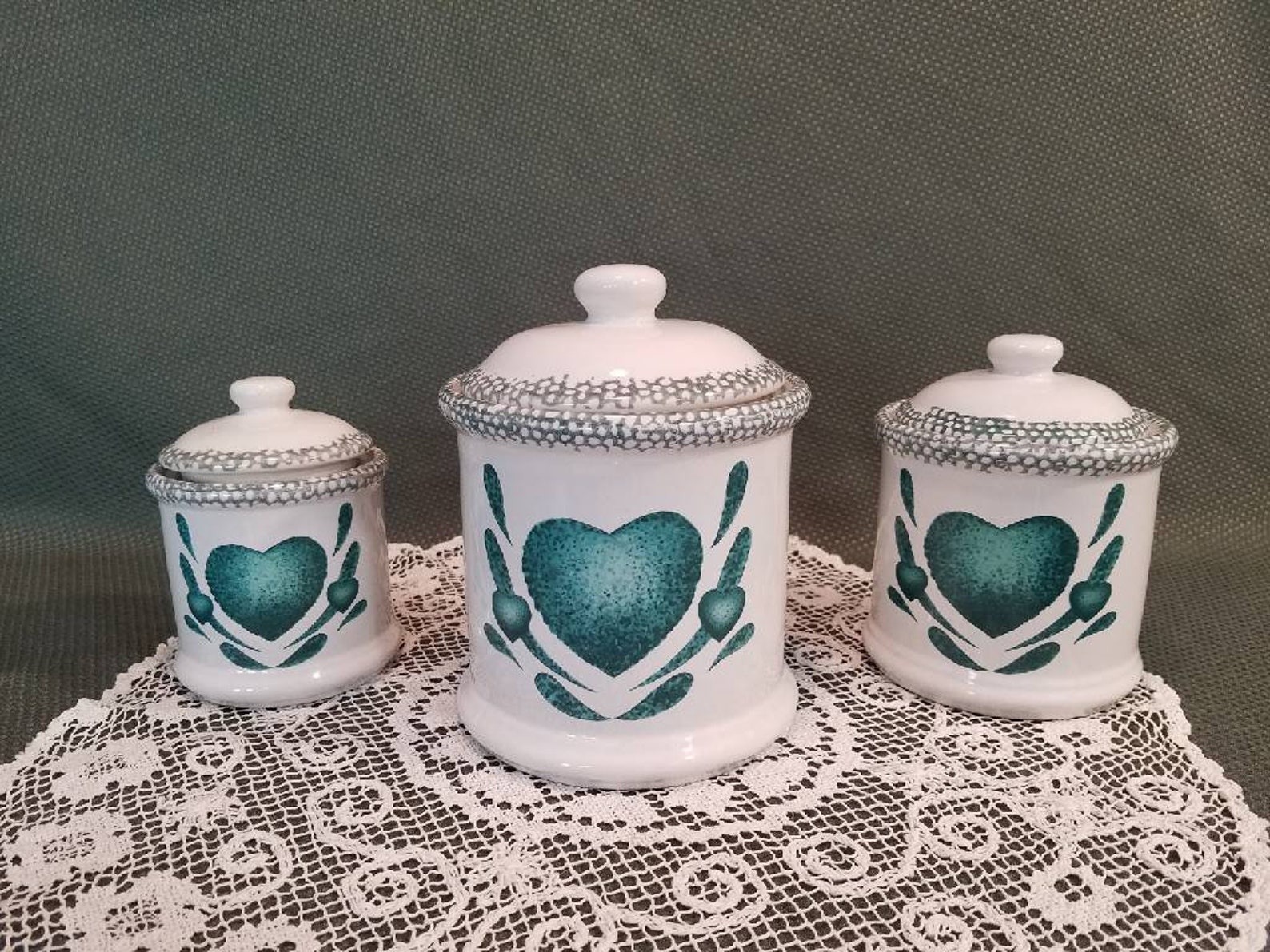 Green Heart Canister Set Vintage Ceramic Canisters Retro Etsy
