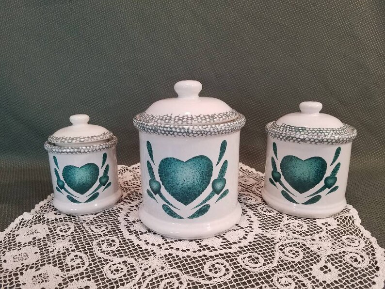 Green Heart Canister Set Vintage Ceramic Canisters Retro Etsy