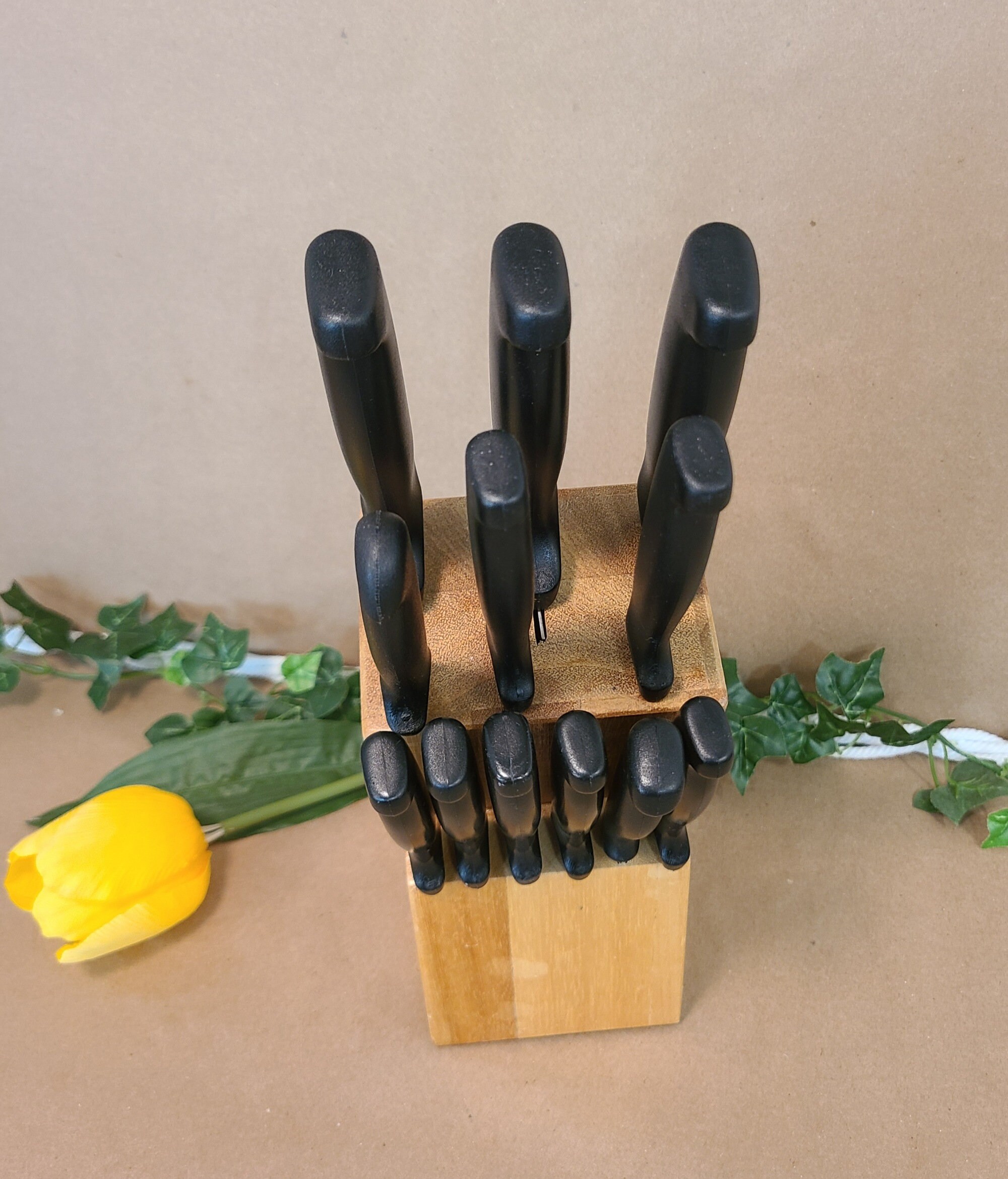 Vintage Wooden Knife Block Set Serrated Kitchen Knives Etsy