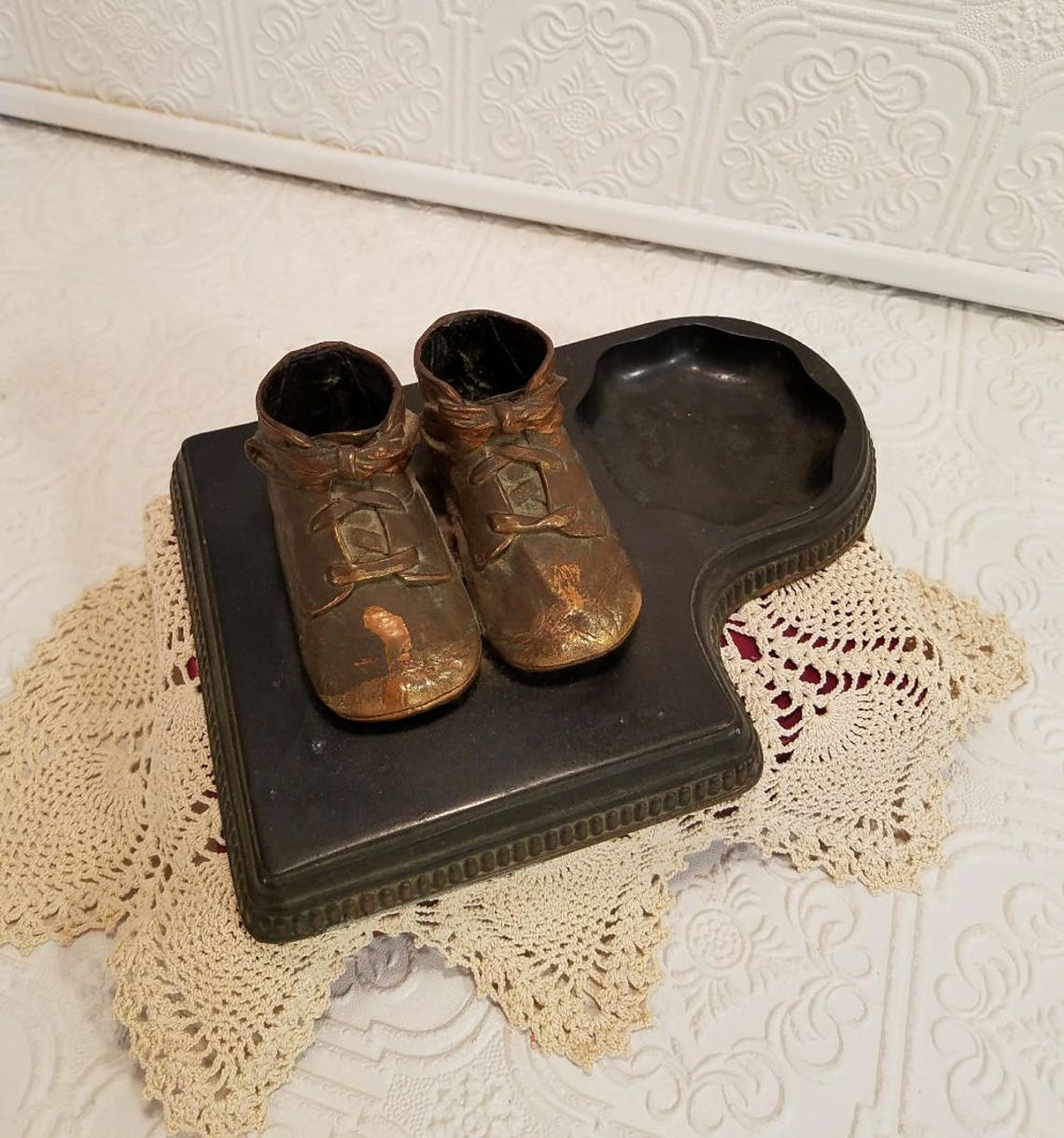 Vintage Bronze Baby Shoes Vintage Baby Shoe and Base Vintage Etsy