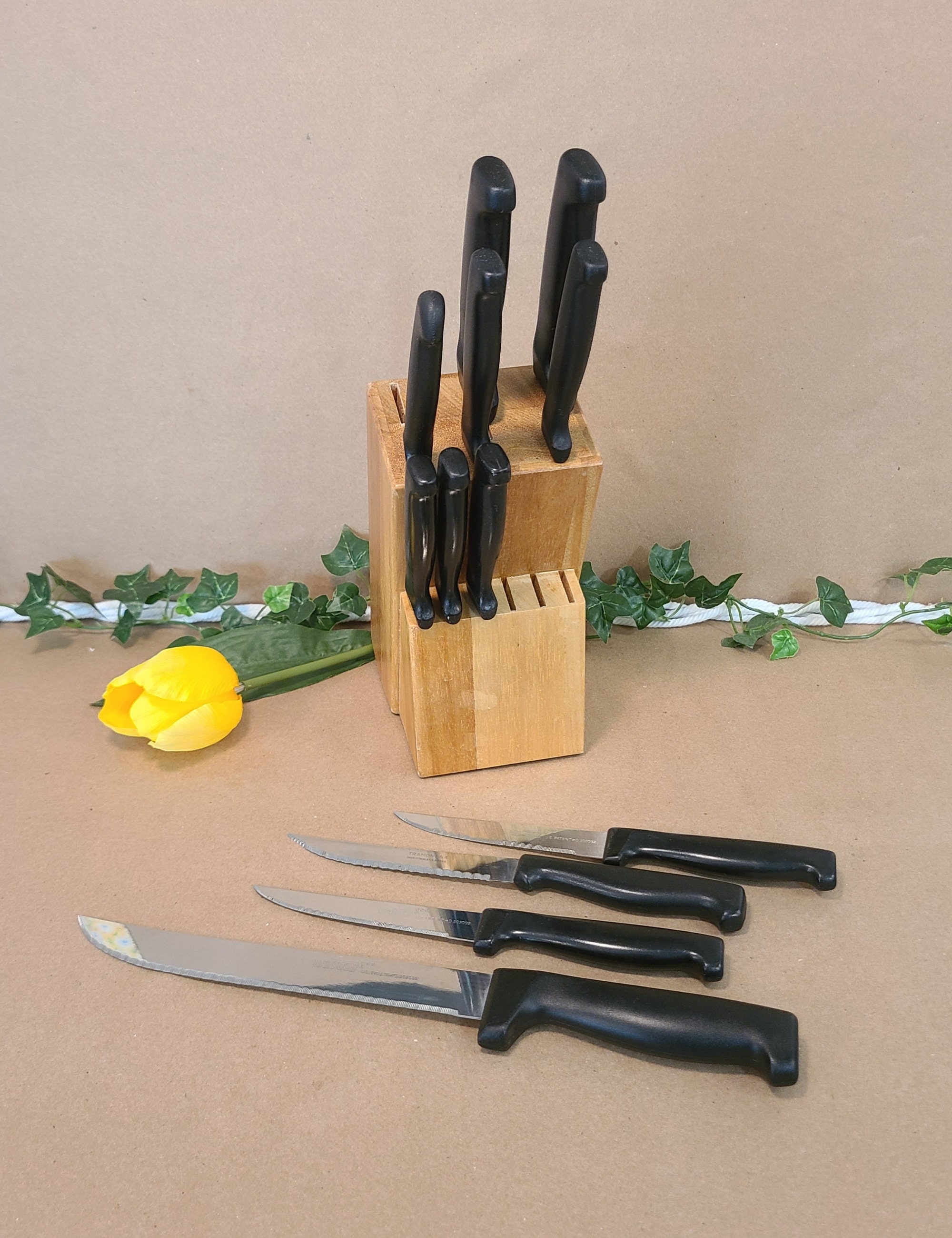 Vintage Wooden Knife Block Set Serrated Kitchen Knives Etsy