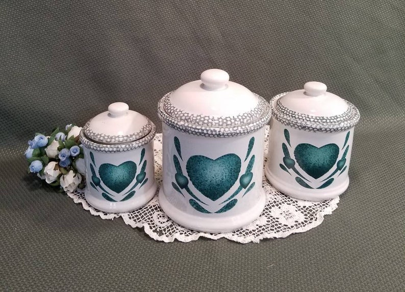 Green Heart Canister Set Vintage Ceramic Canisters Retro Etsy