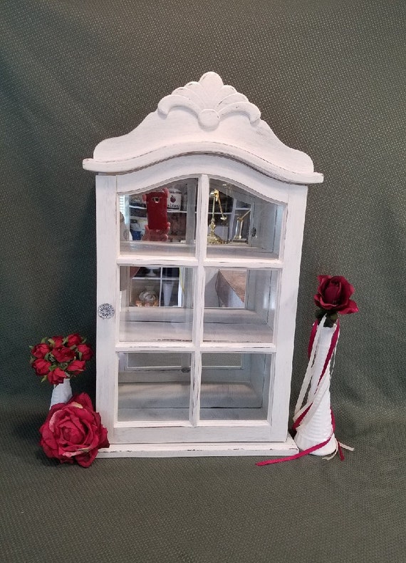 White Shabby Curio White Wooden Shadow Box Glass Door Curio Etsy