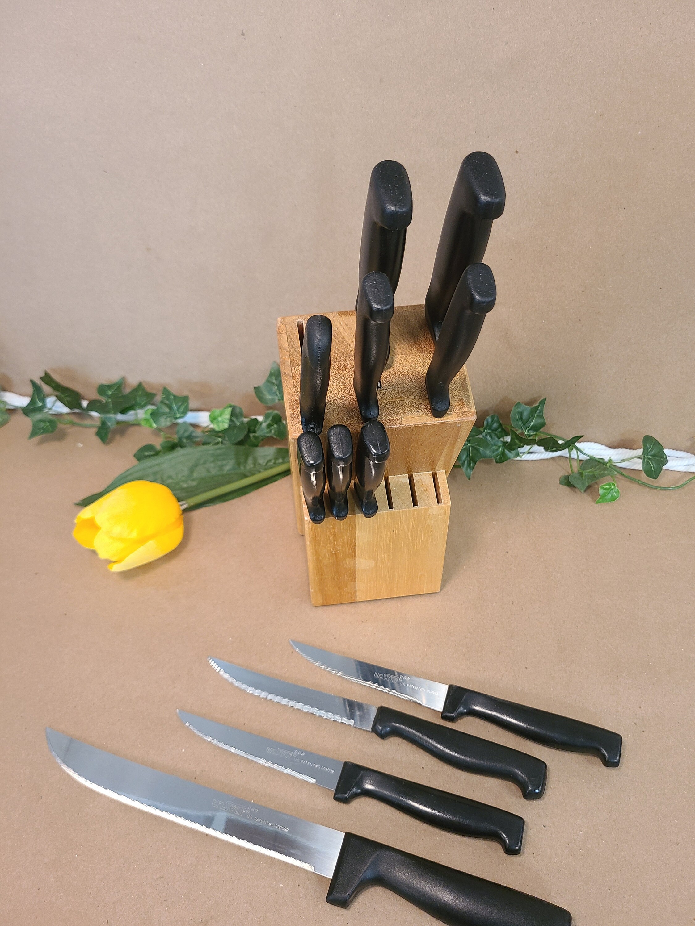 Vintage Wooden Knife Block Set Serrated Kitchen Knives Etsy