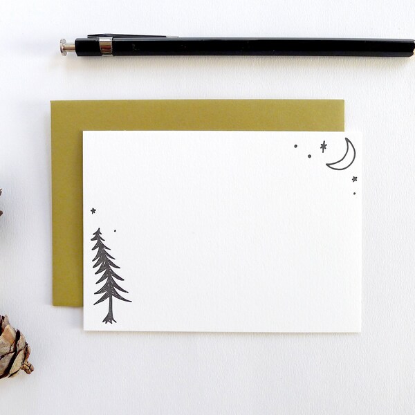 Forest Notecard Set / Moon Letterpress Stationery Set / Thank You Notes