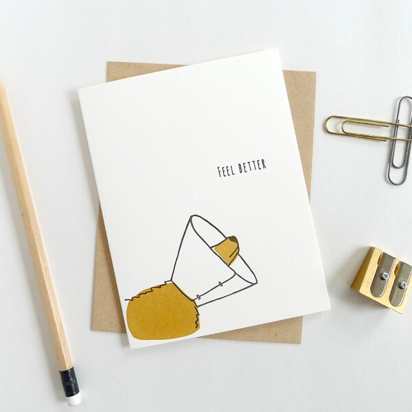 Feel Better Cone Card / Get Well Greeting Card / Dog Card / Cone of Shame / Blank Letterpress Card