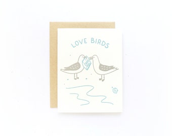 Love Birds Card / Seagull Wedding Card / Hand Printed Card