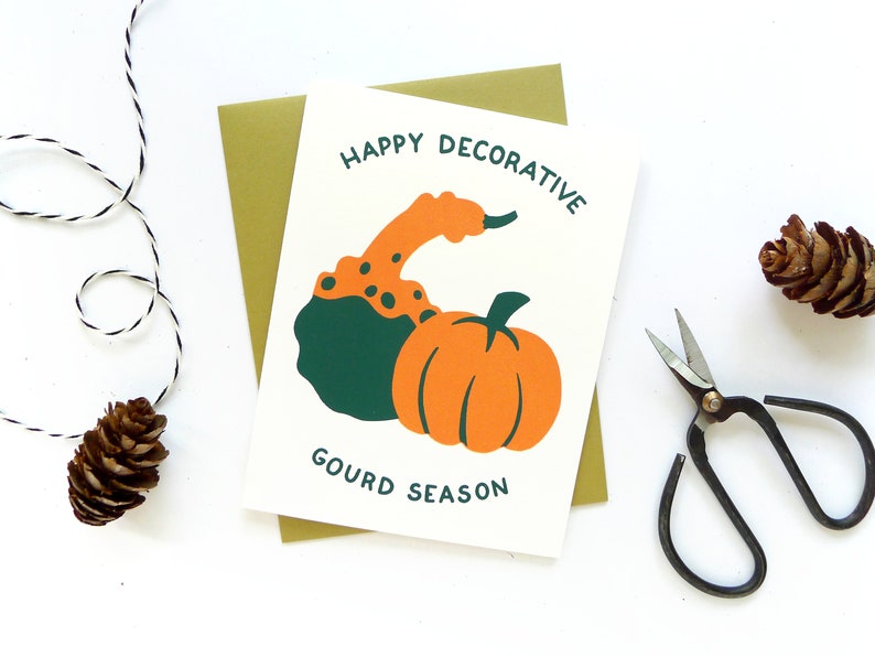 Decorative Gourd Card / Fall Thanksgiving Greeting Card / Hand Printed Card image 1
