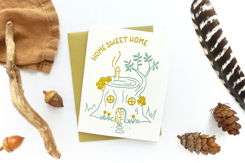 Gnome Home House Warming Card / New House Greeting Card / Hand Printed Card image 2