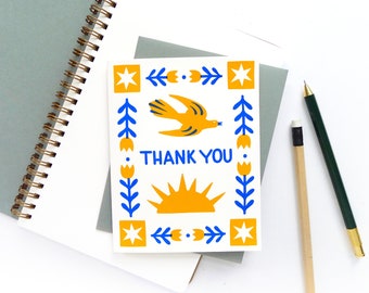 Folk Thank You Card / Folk Art Flower Greeting Card / Hand Printed Card