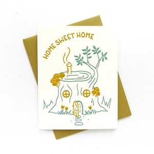 Gnome Home House Warming Card / New House Greeting Card / Hand Printed Card image 1
