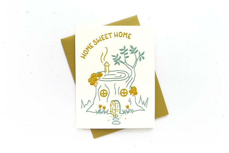 Gnome Home House Warming Card / New House Greeting Card / Hand Printed Card image 1