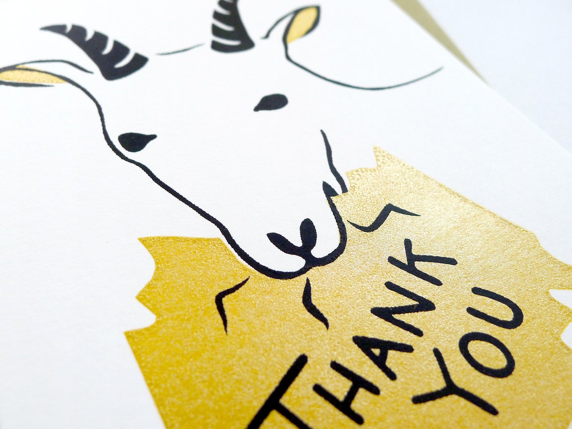 Goat Thank You Card / Gold Thank You Greeting Card / Hand Etsy