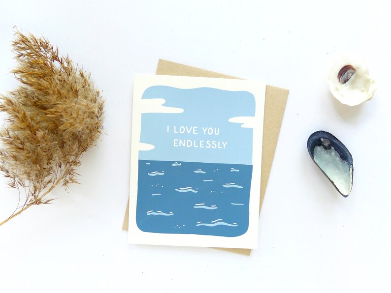 Ocean Love Card / Nautical Anniversary Card / Hand Printed Card image 2