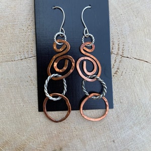 Sterling Silver and Copper Dangle Earrings Mixed Metal Hoops Statement Earrings Handcrafted