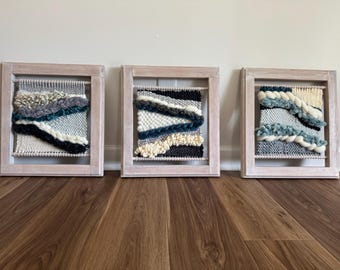 Woven Wall Hanging: Teal & Cream Tapestry in Whitewashed Oak Frame