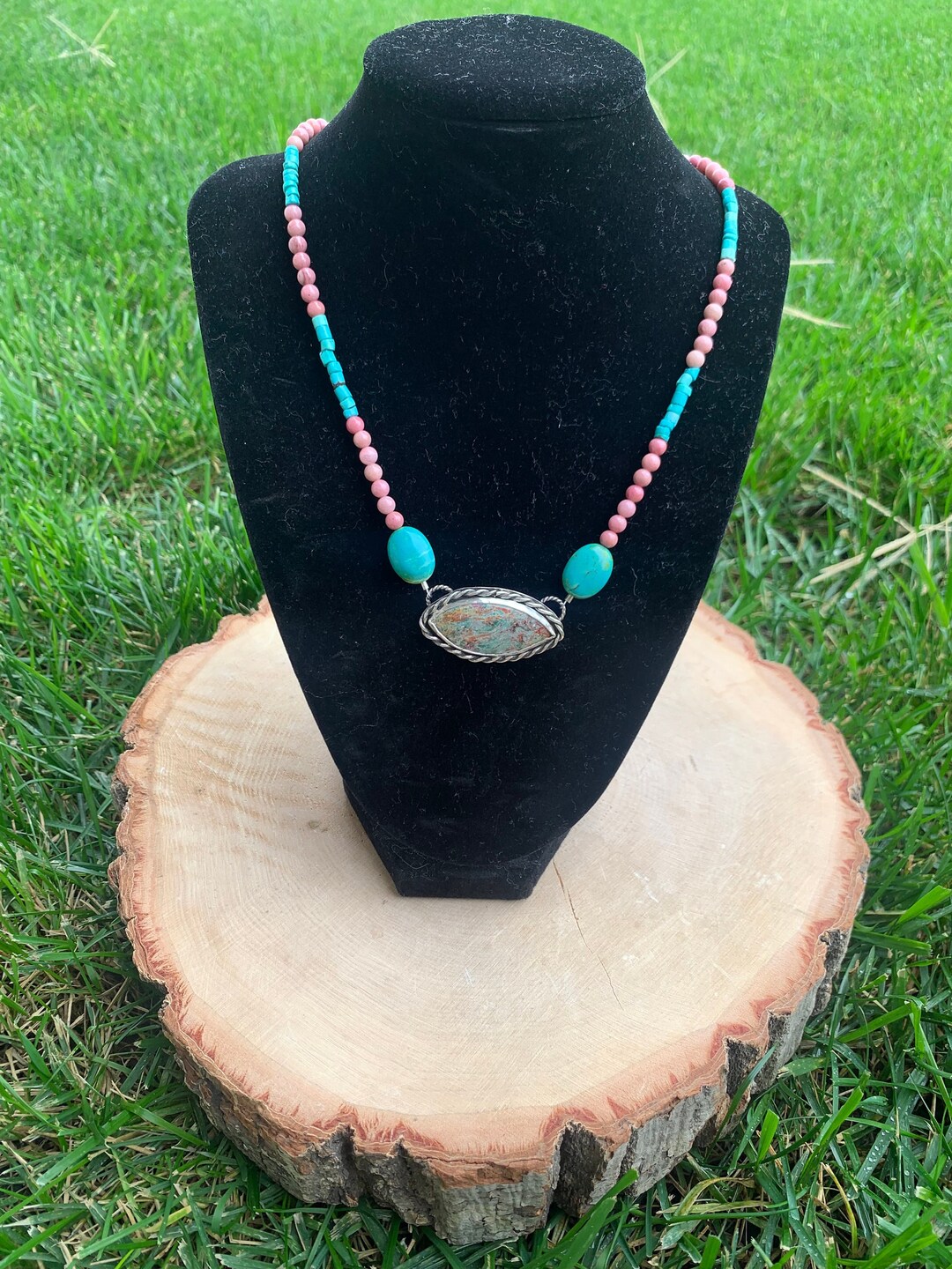 Turquoise Rhodnckeite Ruby Fuchsite Turquoise Rhodonite Pendant Necklace Sterling Silver ...