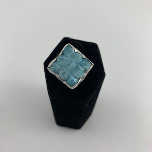 Larimar Ring US Size 8 Sterling Silver Handcrafted Artisan Jewelry Carved Larimar