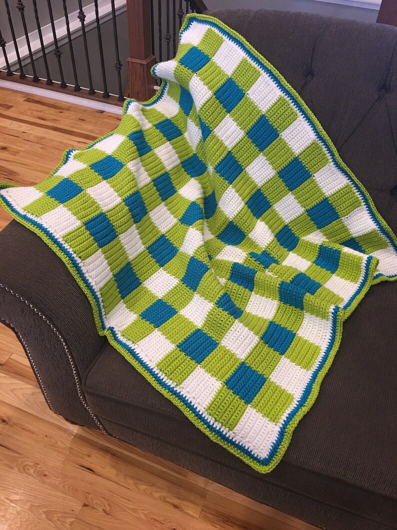 Crochet Plaid Blanket Turqoise Green White Lap Blanket Etsy